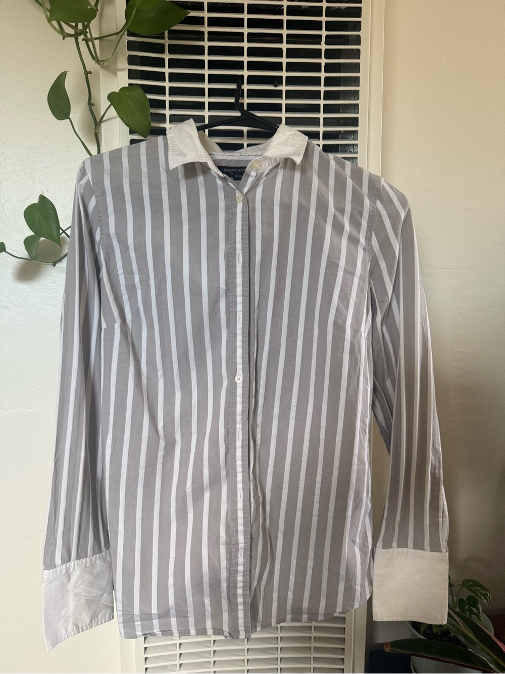 Banana Republic Gray and White Vertical Stripe Button-Down Shirt